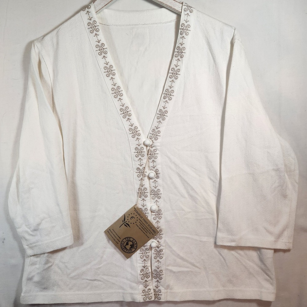 The Earth Collection Cotton Embroidered Tie Back Cardigan Sweater Off White L